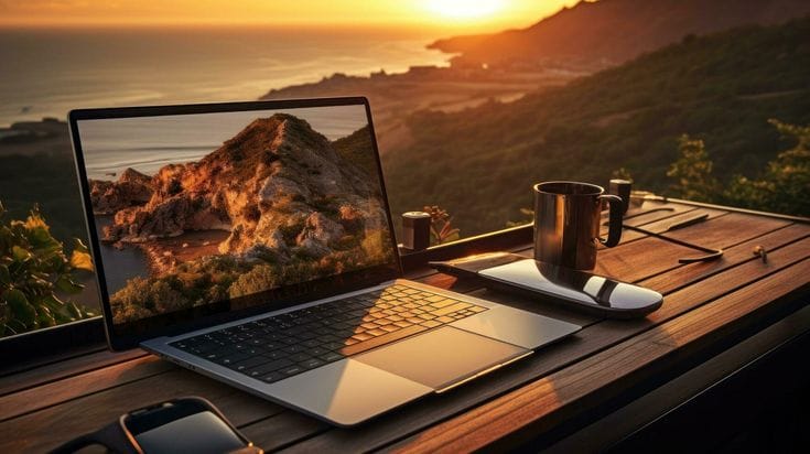 Essential setup for remote work — laptop, coffee, and workspace essentials.